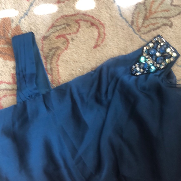 R&M Richards teal to black ombré asym top cocktail dress. Satin&chiffon overlay - Picture 7 of 9